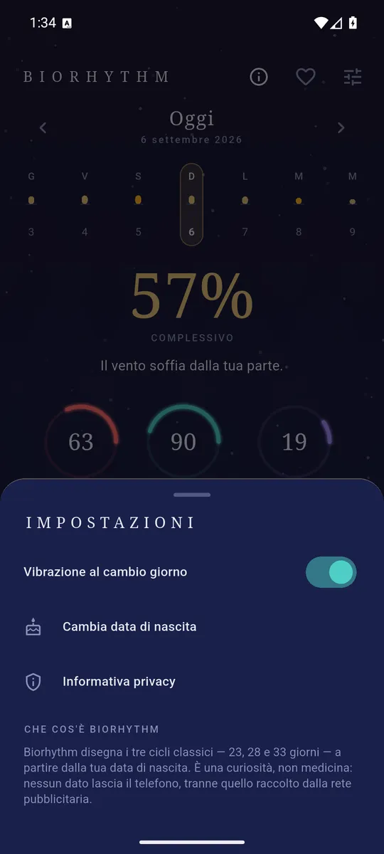 Le impostazioni, con la data di nascita e la nota che dice che il biorritmo è una curiosità.