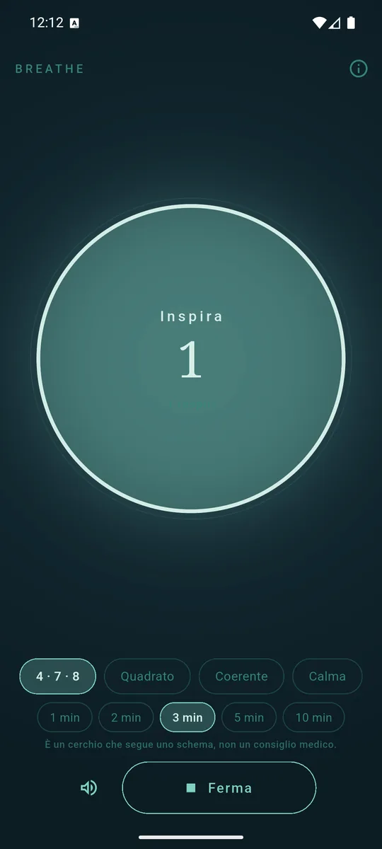 Il cerchio grande, in fase di inspirazione, con la parola «Inspira».