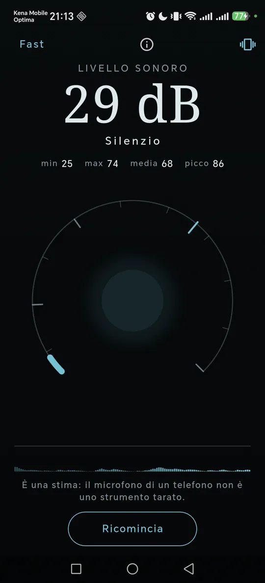 La stanza tornata quieta a 29 dB, con la media ancora a 68.