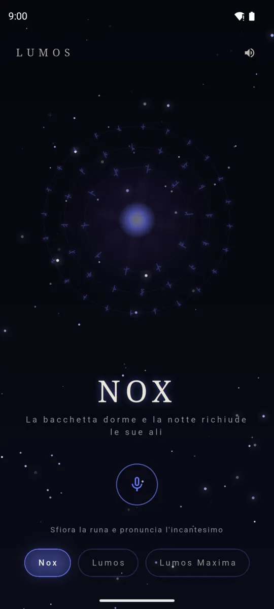 Lumos a riposo: cielo notturno, rune spente, nessuna luce.