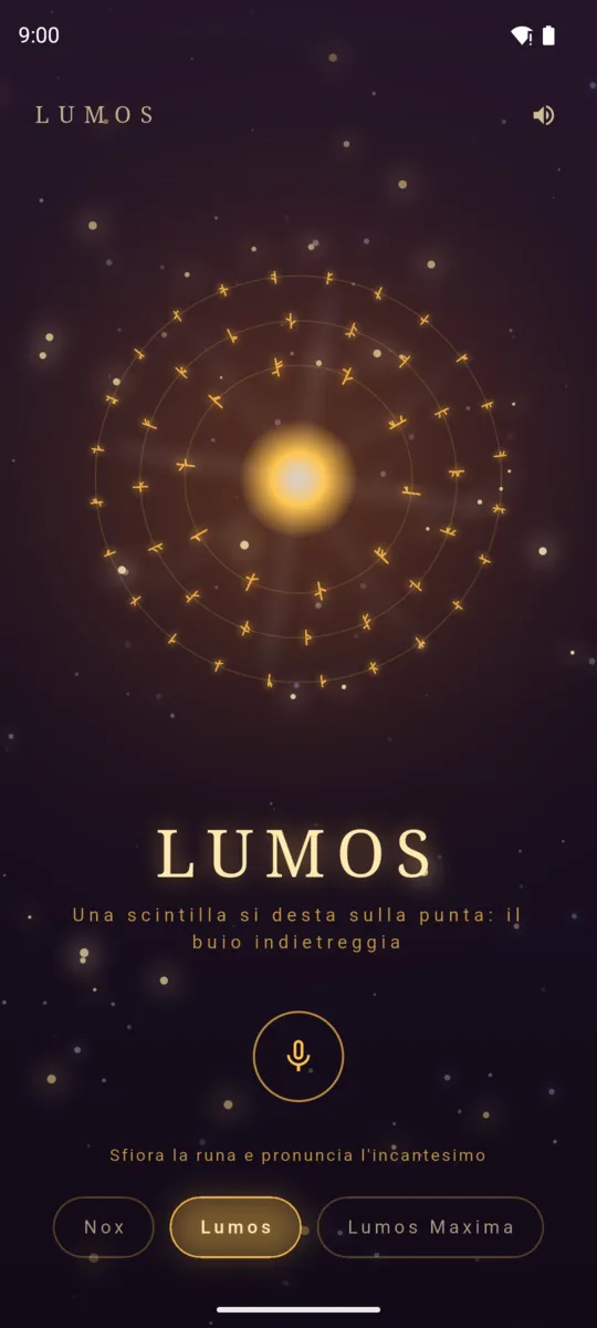Lumos acceso: le rune si illuminano d’oro e il LED è acceso.