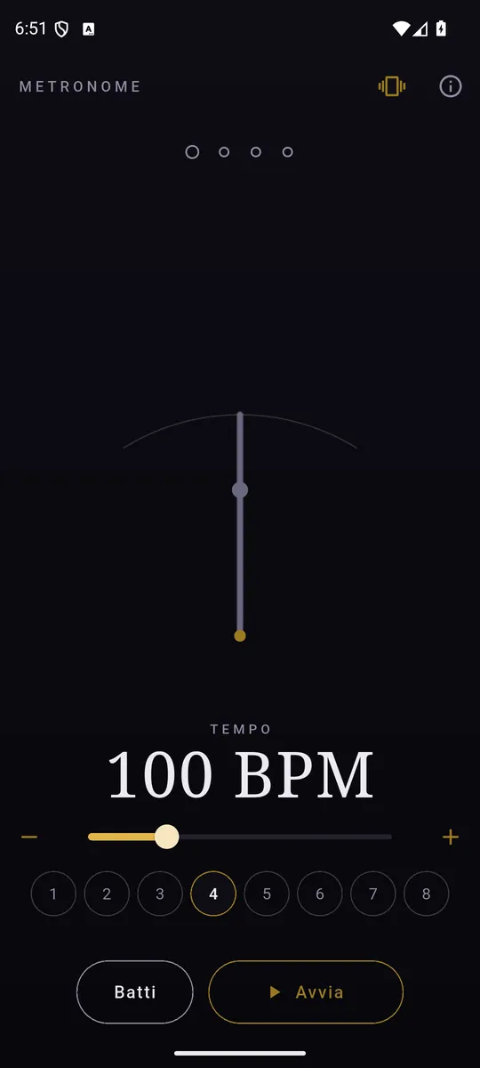 Il metronomo a 120 BPM, con lo slider e i due tasti per il singolo battito.