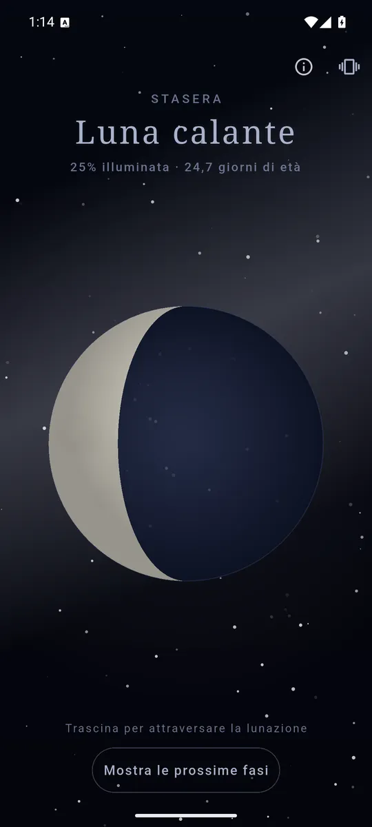 Il disco lunare di stasera, con la fase per nome, la percentuale illuminata e l’età in giorni.