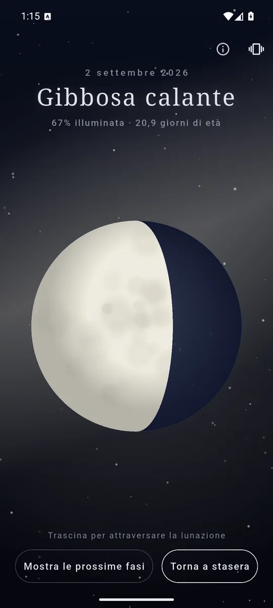 La luna a metà lunazione mentre il dito trascina lungo il mese.