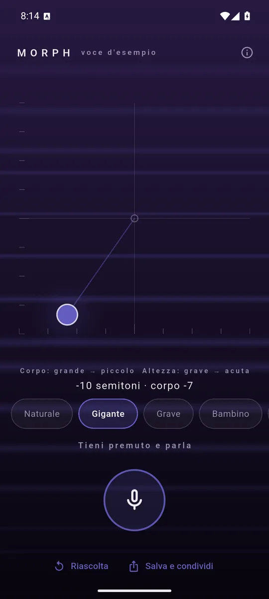 Il piano di Morph, con il punto al centro e i due assi altezza e corpo.