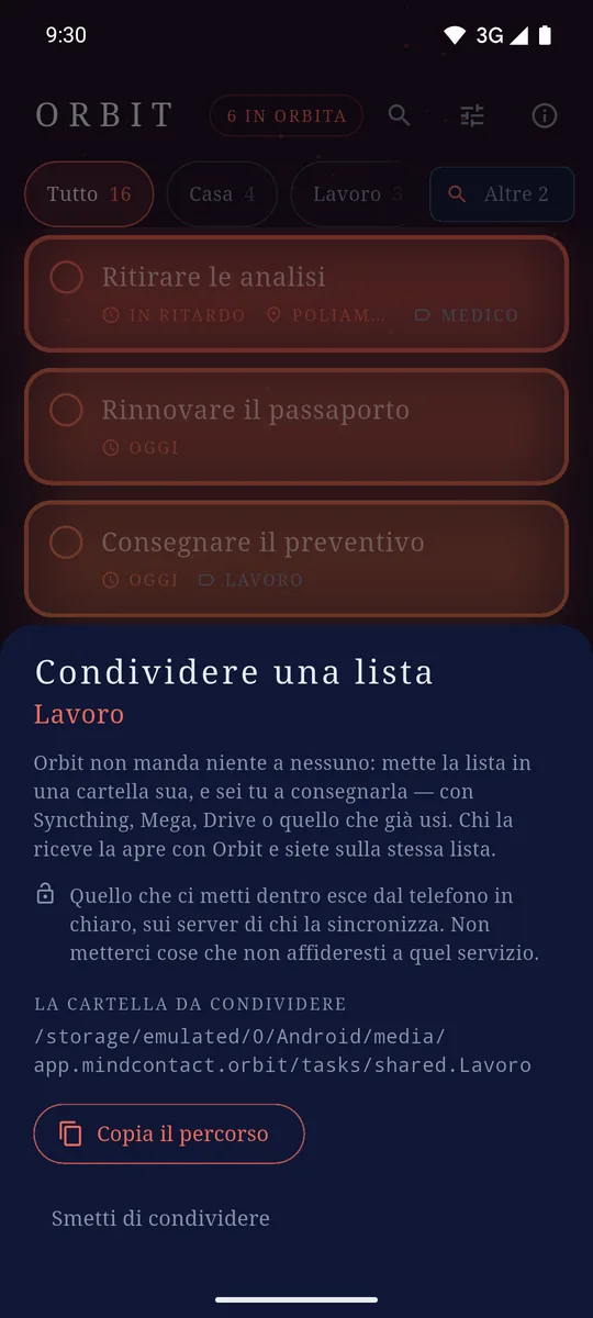 Il foglio della condivisione: il percorso della cartella da consegnare, e il pulsante per copiarlo.