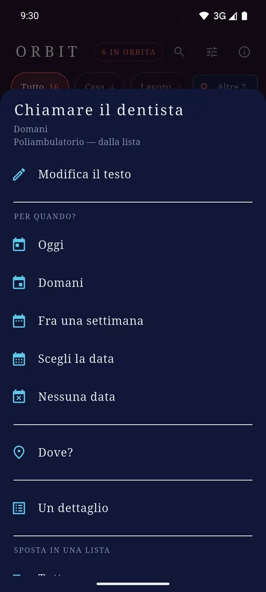 Il foglio di una voce: data, luogo e lista in cui spostarla.