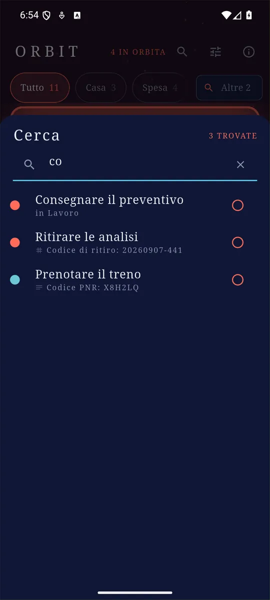 La ricerca: tre voci trovate in liste diverse, e sotto ciascuna il motivo per cui è lì.