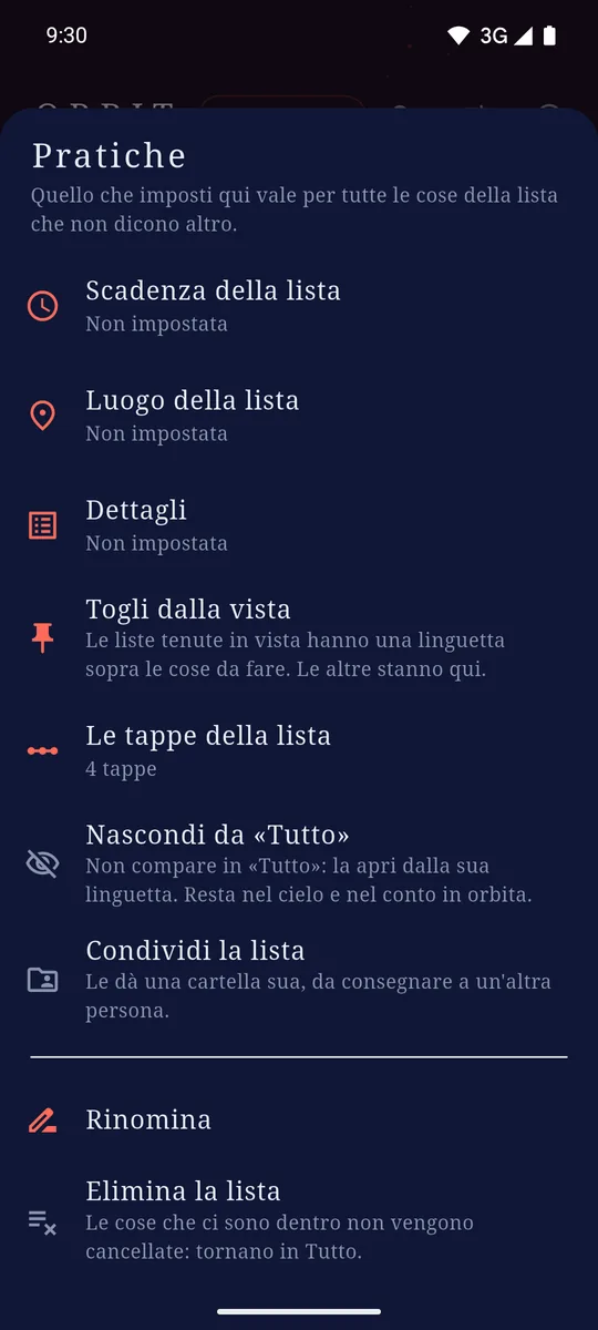 Il foglio di una lista, con la riga delle tappe e quella che la nasconde da «Tutto».