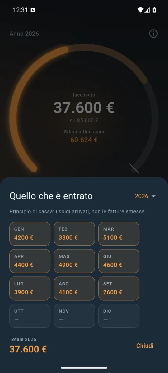 Il registro dei dodici mesi, un importo per mese.