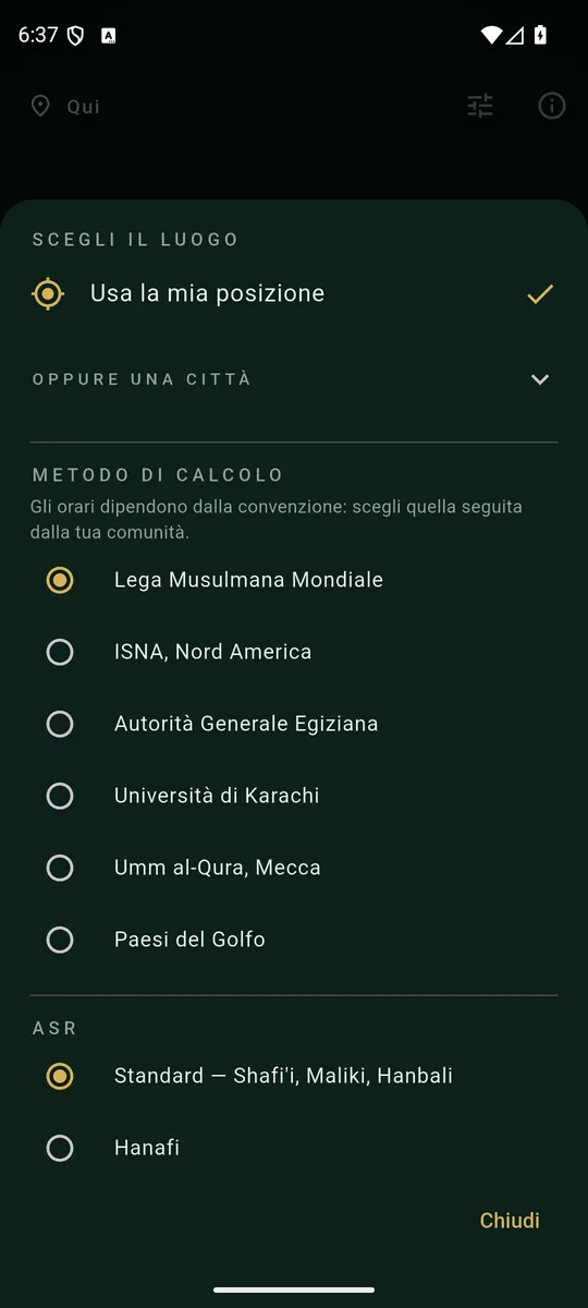 La scelta del metodo di calcolo, con le sei convenzioni.