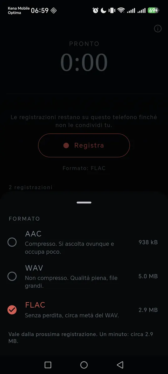 Il foglio del formato: AAC, WAV e FLAC, ognuno con quanto occupa un minuto di registrazione.