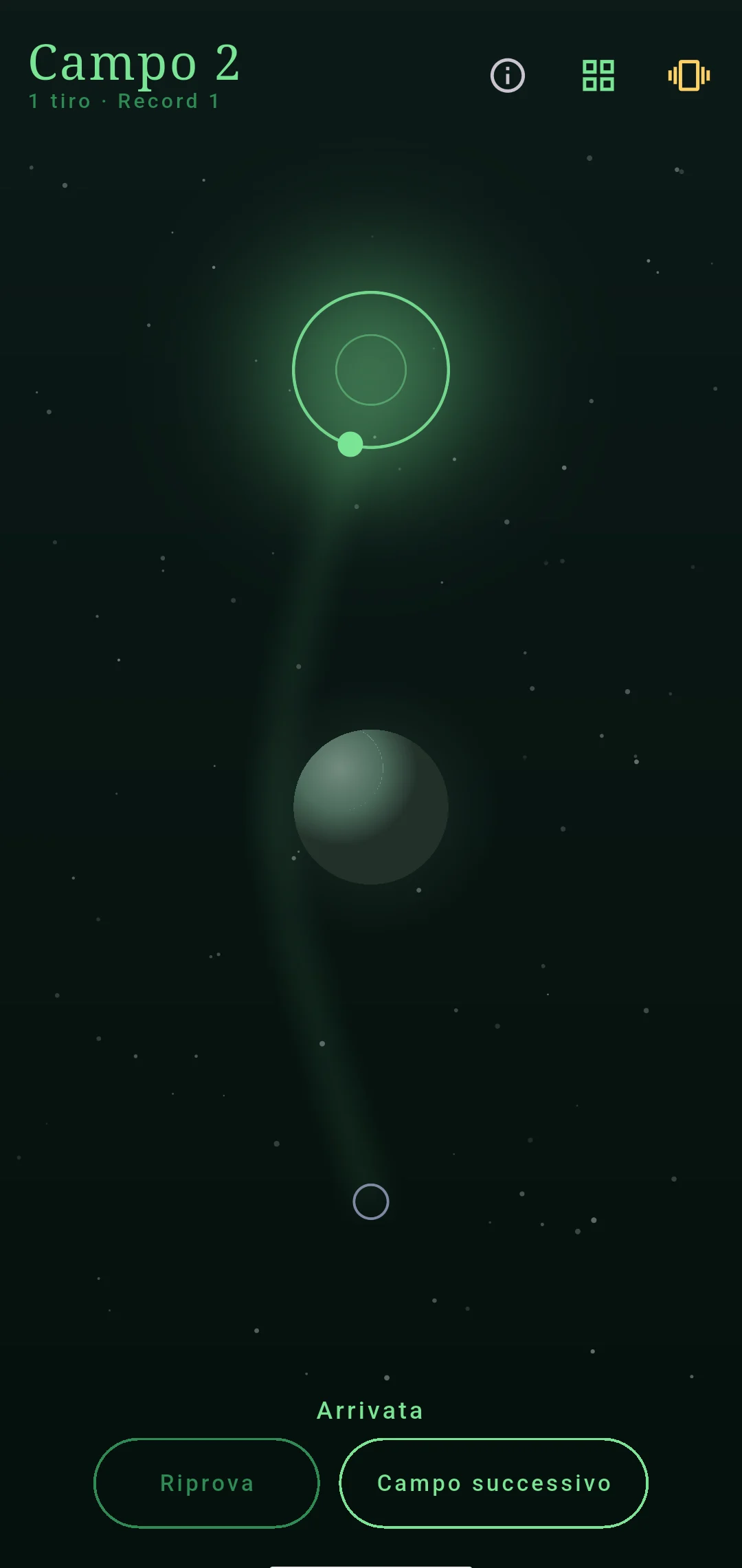 La sonda dentro la zona di atterraggio, con il campo illuminato di verde.