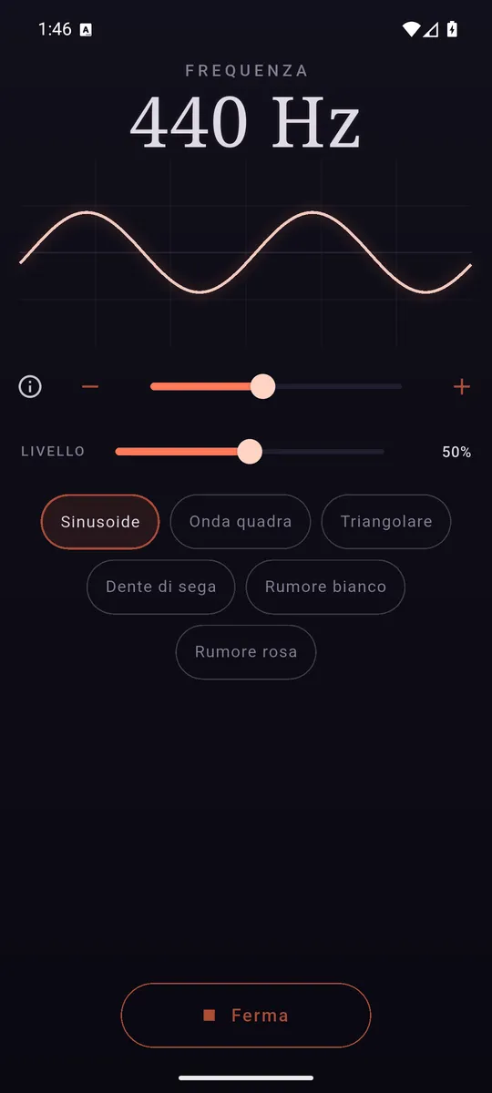 La sinusoide a 440 Hz, con la manopola della frequenza e l’onda disegnata.