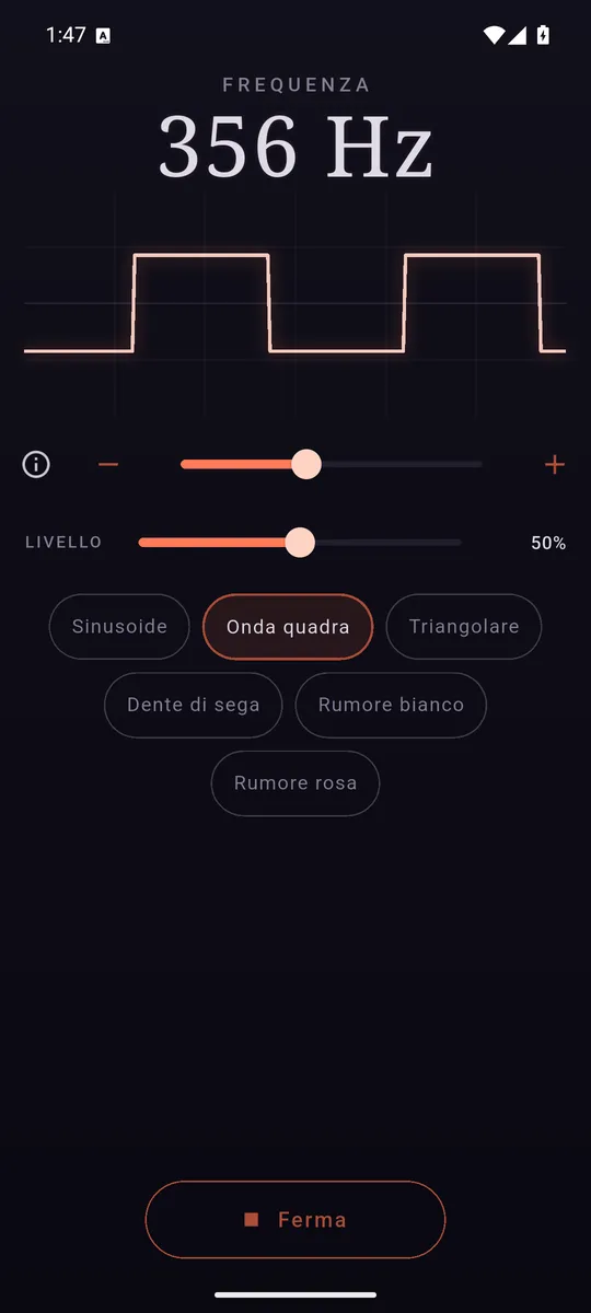 L’onda quadra, con le sei forme d’onda selezionabili in fila.