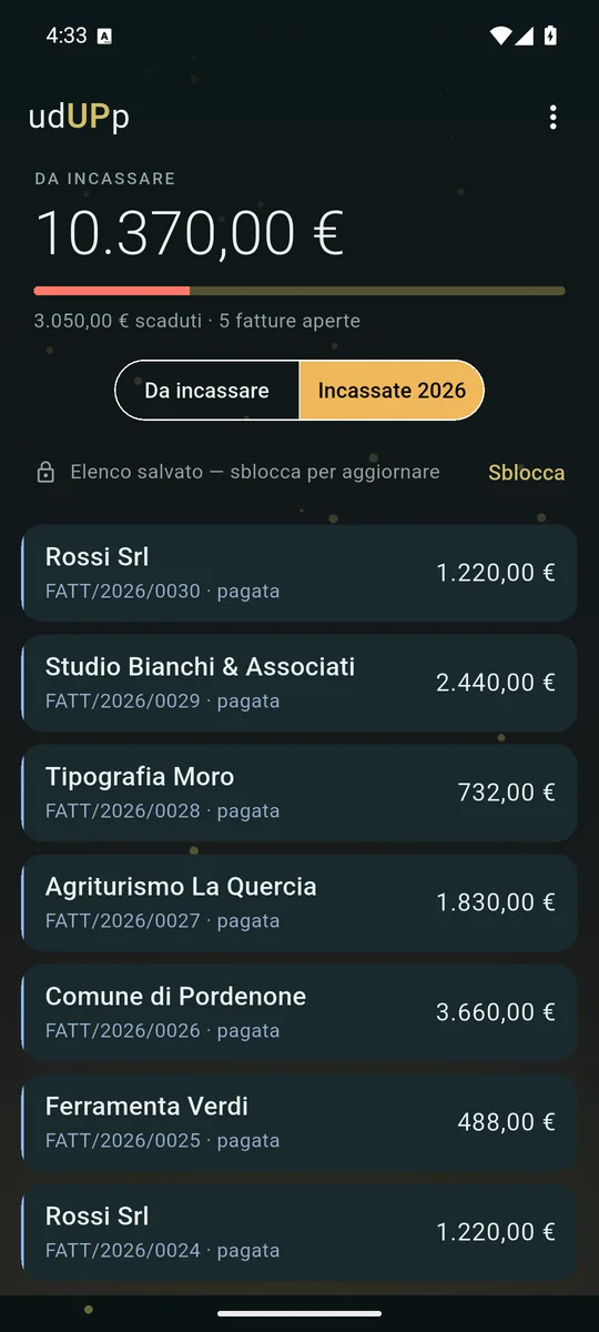 La scheda «Incassate 2026»: le fatture pagate dell'anno, ognuna con il bordo azzurro e la scritta «pagata».