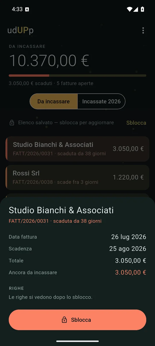 Il dettaglio di una fattura scaduta da 38 giorni: data, scadenza, totale, quanto resta da incassare e il pulsante in fondo.