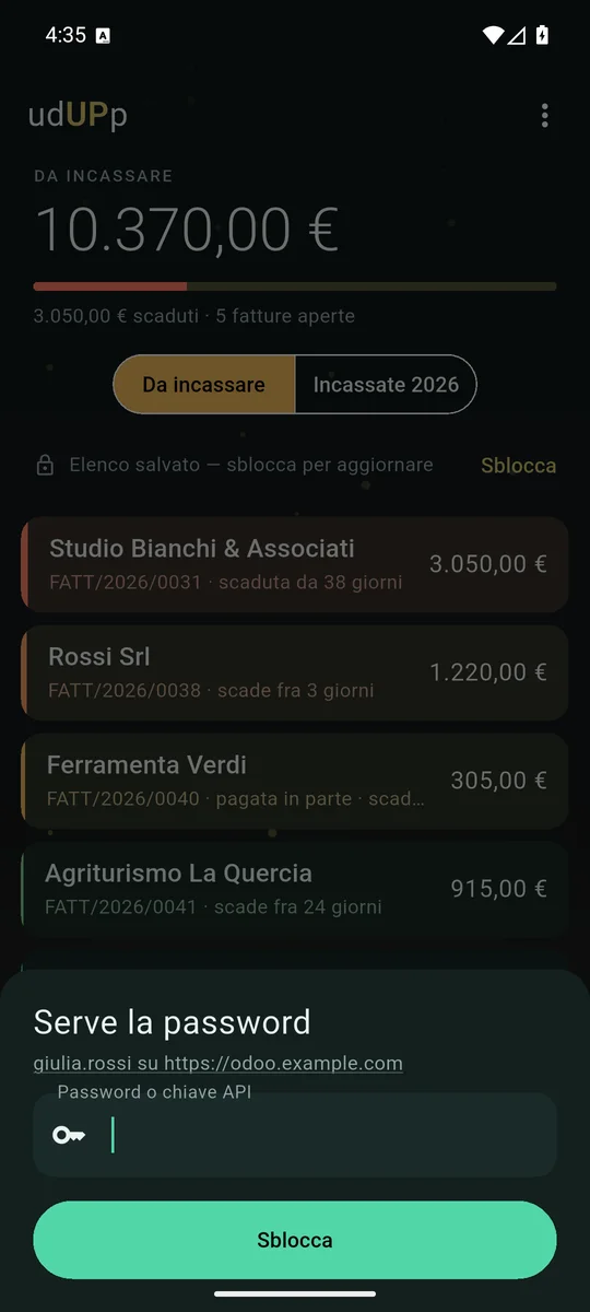 Il foglio di sblocco: l'utente e il server sono già scritti, l'app chiede solo la password.