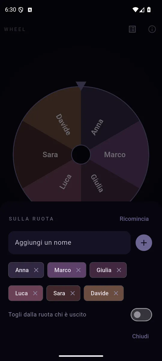 L’elenco dei nomi, ognuno con il suo colore.
